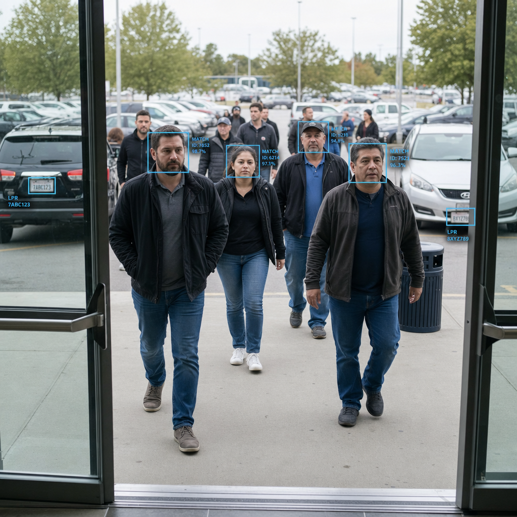 A security guard's view from the doors as guests walk up from the parking lot, each face ringed by a facial-recognition match box and the cars behind them tagged by license-plate recognition