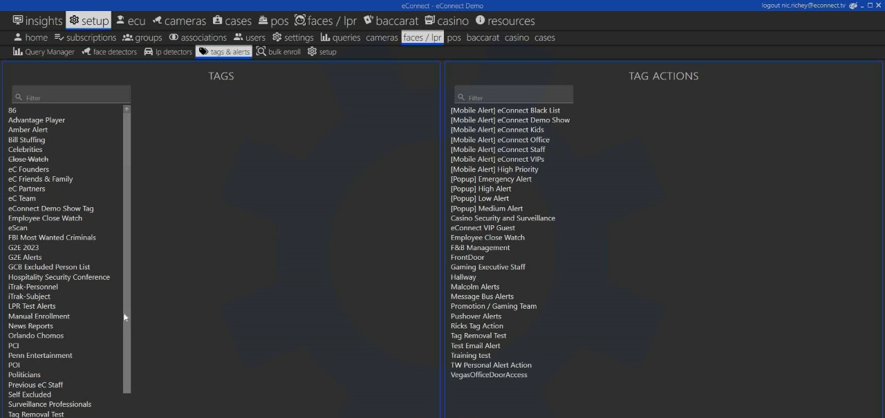 Tag library showing categories such as Advantage Player, Cheat Watch, Self Excluded, and VIP, each wired to an alert