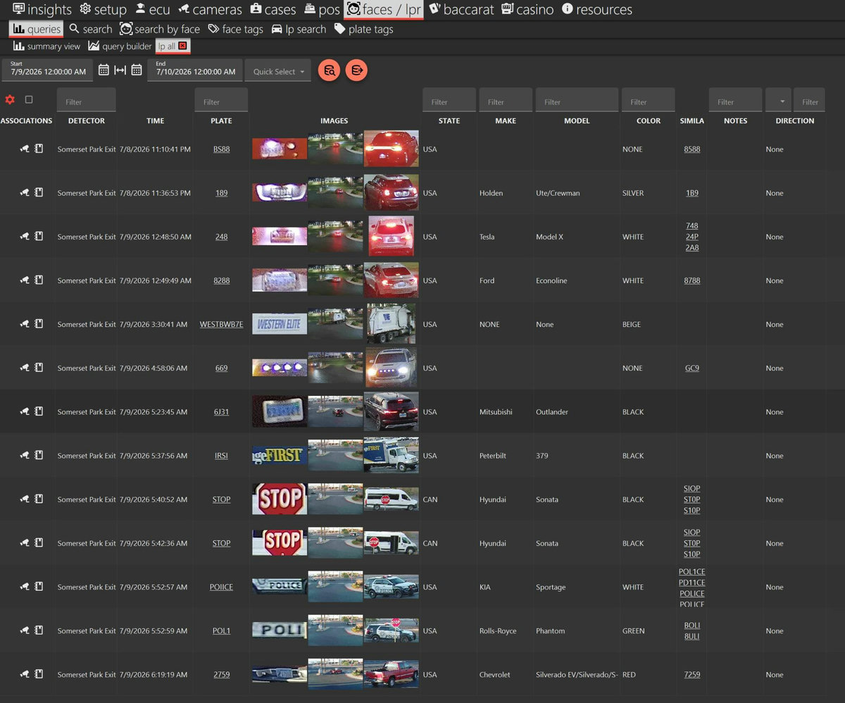 The eConnect LP search console: plate detections from the Somerset Park Exit camera, each row showing the plate crop and vehicle images alongside state, make, model, color, and a column of similar plates.