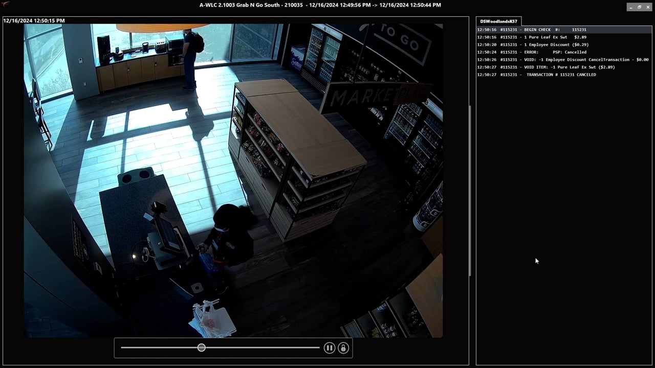 POS Connect pairing a register journal — a canceled check with a voided employee discount, line by line — to the exact surveillance camera frame that recorded the transaction.
