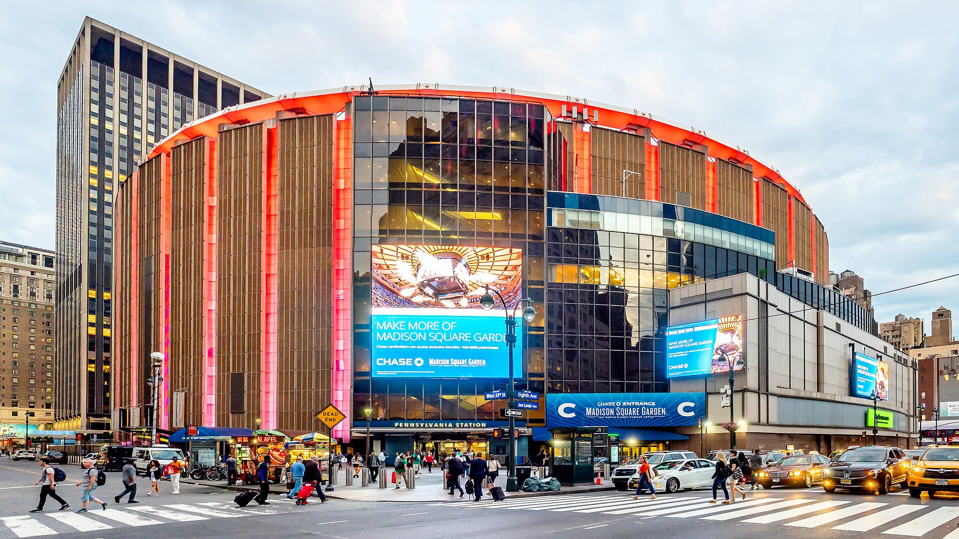 The exterior of Madison Square Garden in New York, with crowds at the entrance